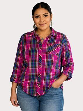 Time and Tru Women's XXL Pink Plaid Roll Tab Button Down Shirt